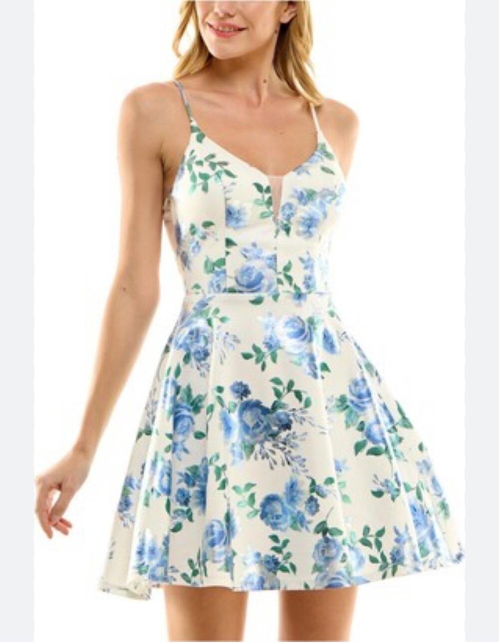 City Studio Floral-Metallic Print Mesh-Insert Skater Dress